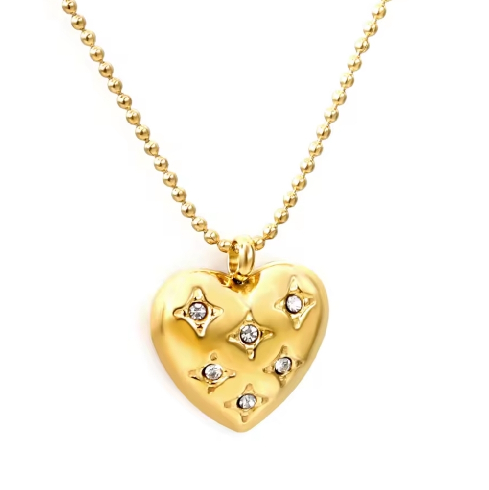 Stainless Steel Gold Heart Pendant Necklace With Cubic Zirconia Rhinestones